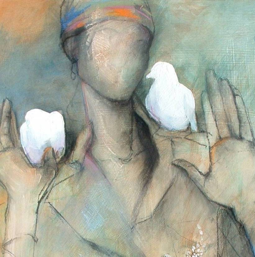 Tranquility, Spirit, Peace - White Doves on her shoulders - Large Open Edition Print -