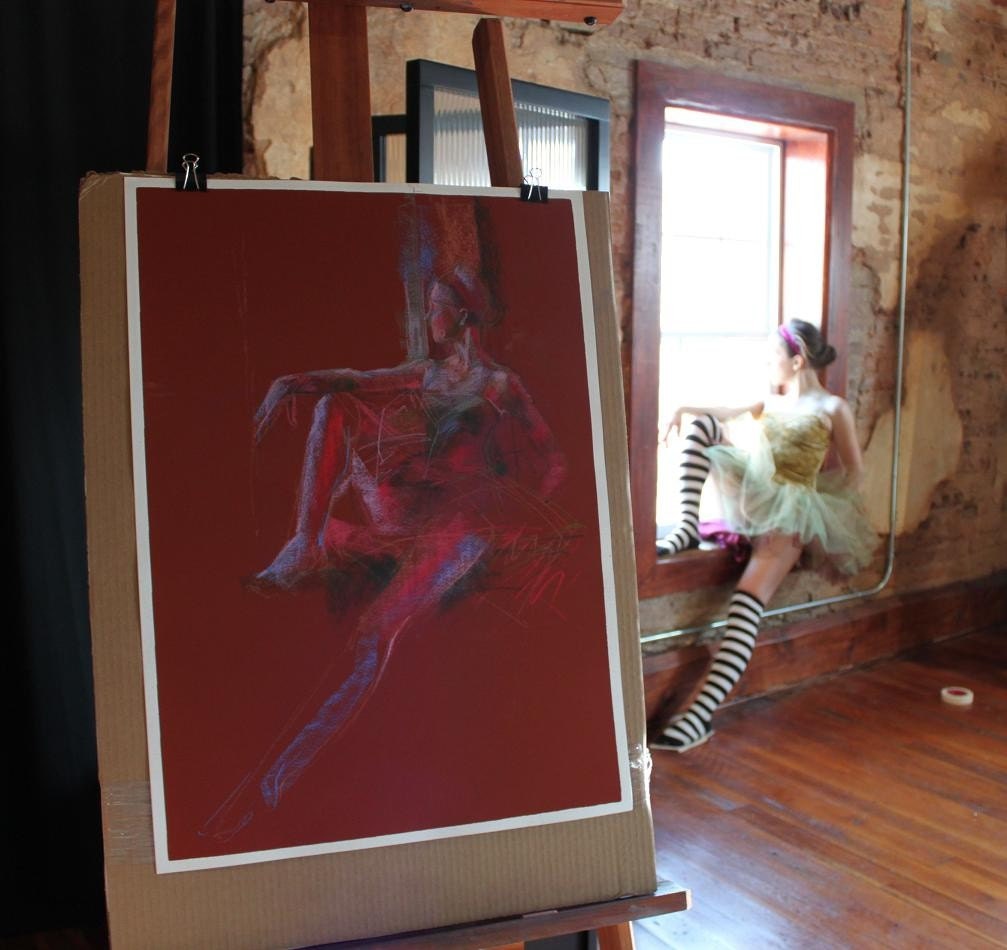 Large Fine Art Print of a Pastel Drawing - Ballerina in Striped Socks Sitting at the Window