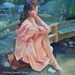 Original Art Oil Painting Woman in Peach Gazing at Koi Pond in a Garden