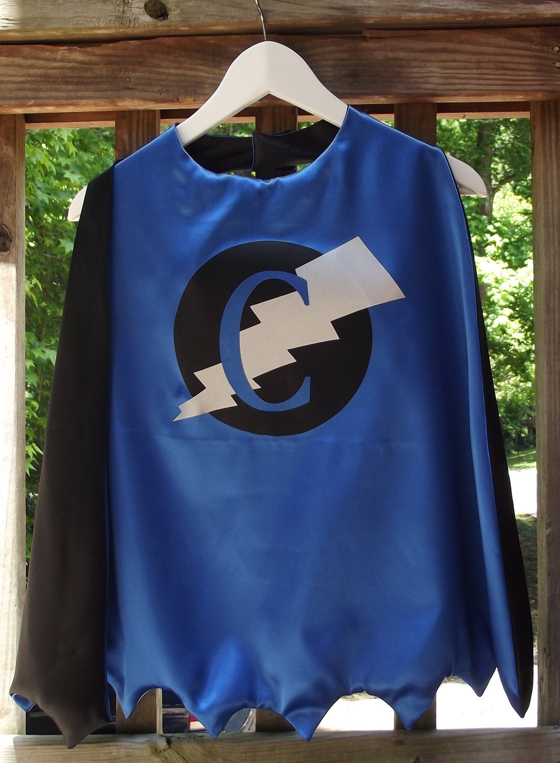 SUPERHERO CAPE 1 reversible Personalized Super Hero cape with Ligtning Bolt Design Straight or Zig Zag edge You choose colors and edge