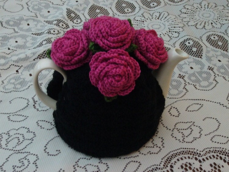 4-6 Cup Crochet Tea Cosy/ Tea Cozy/ Cosy/ Cozy  Black with Roses (Made to order)