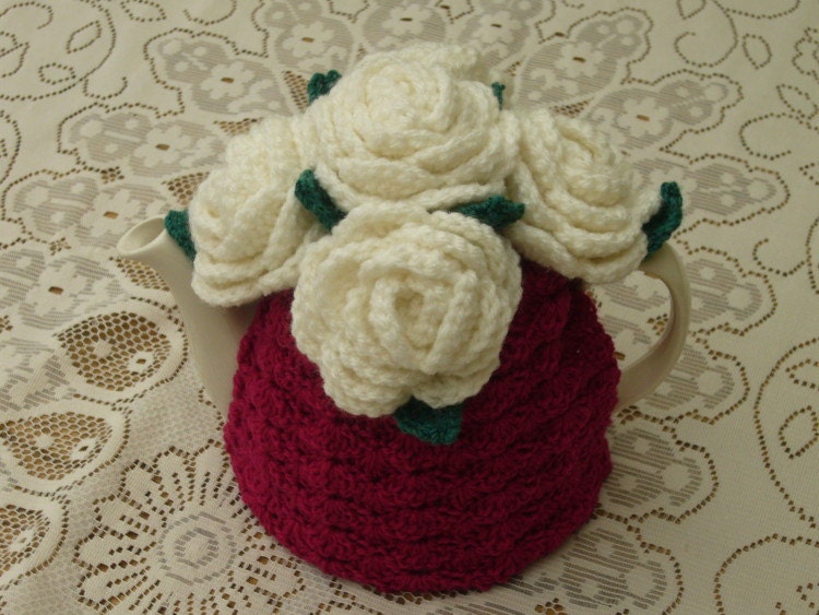 4-6 Cup Crochet Tea Cosy/ Tea Cozy/ Cosy/ Cozy Cerise Pink with Roses (Made to order)