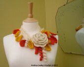 Lariat Scarf Necklace in Crochet with Autumn leaves and Cream Rose (Made to order)