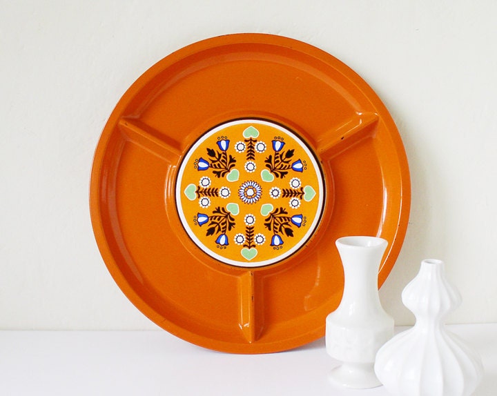 Orange serving tray with cutting tile, plastic