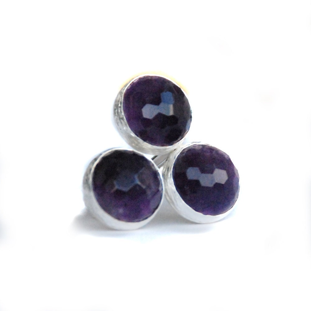 3 Stones Amethyst Silver Ring