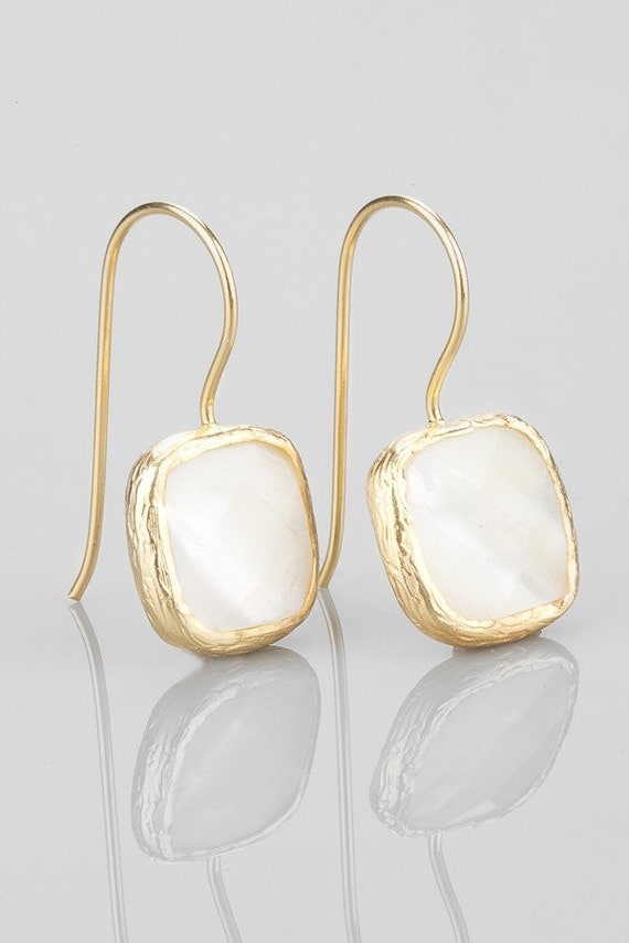 Creamy White Mother of Pearl Earrings in Gold