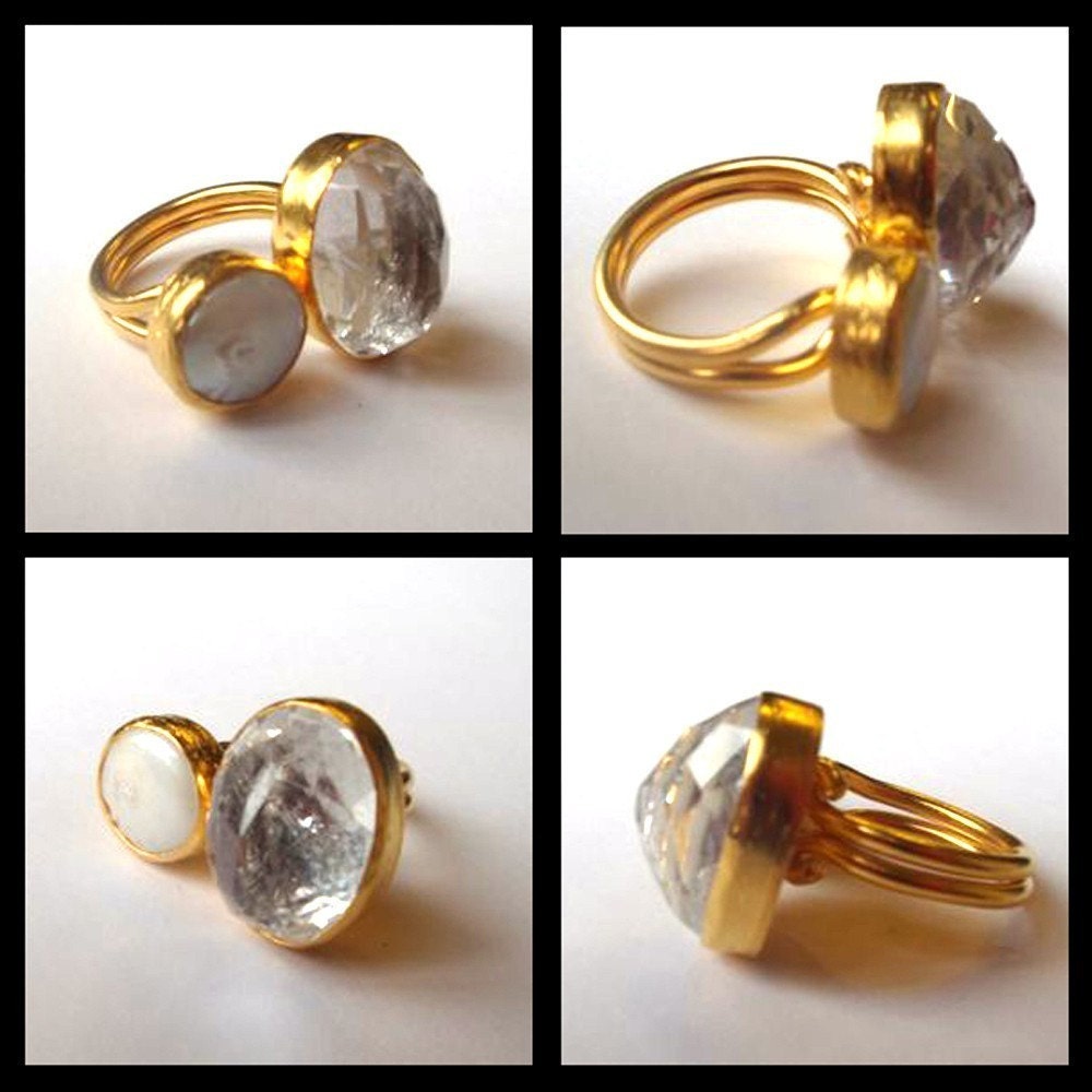 The Delicate Balances Clear White Quartz and Pearl Ring