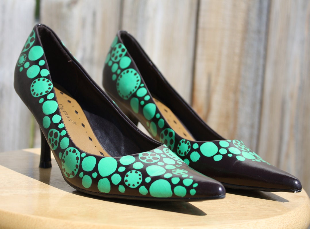 ON SALE 30% OFF, Teal and Brown Beautiful Hand Painted Women's Heels, Size 7.5