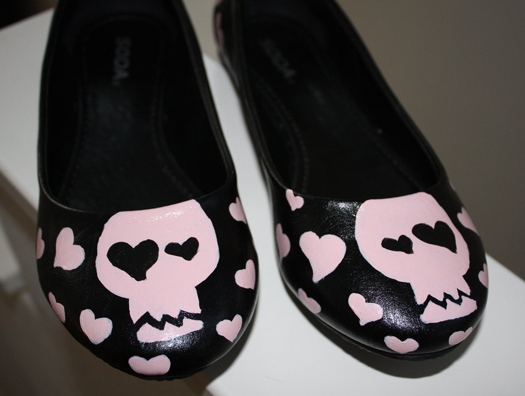 Rocker Grrrl Ballet Flats With Pink Skulls, Womens size 8.5