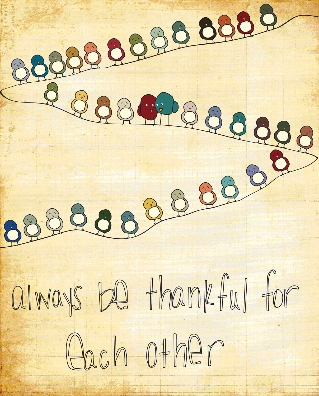 Family Wall Art - Thankful For You- 5x7 Illustration - Birds on a wire, family, art, thankful, nursery wall art, nursery decor