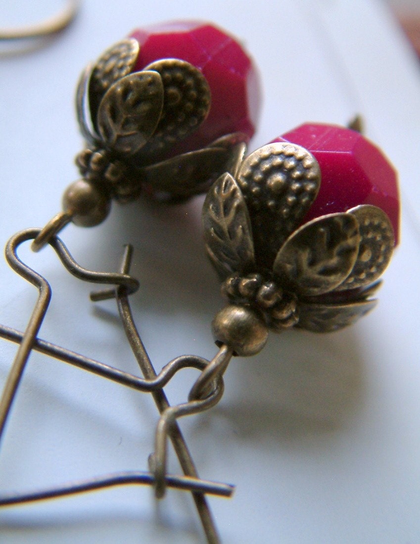 Lisa - Chunky Deep Purple/Fuschia and Antique Bronze Earrings