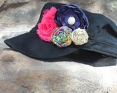 Life of the Party Black Military Style Cadet Hat With Purple, Bright Pink, Gold, and Multi Colored Flowers