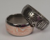 Unique Ring Set - Mokume Gane inlay in Titanium Band & Damascus Band