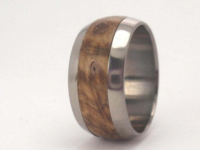 Black Ash Burl Wood Inlay Titanium Ring Round - Engraving available - jer1-018