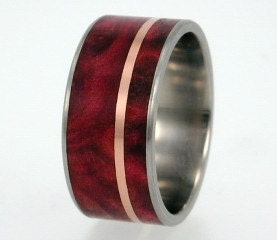 Mens Wood Ring / Rose Gold and Redwood Inlaid in Titanium Ring - Waterproof