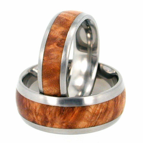 Titanium Ring Set with Black Ash Burl Wood Inlay  - Wooden Wedding bands