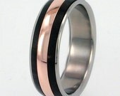14k Rose Gold and African Blackwood Wood inlay Titanium Ring - jer-017