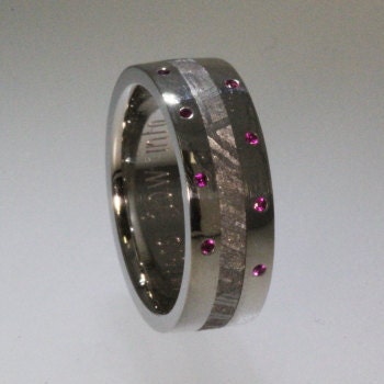 Meteorite Ring / Palladium Wedding Band Set with 8 Rubies and has a 2mm Gibeon Meteorite Inlay