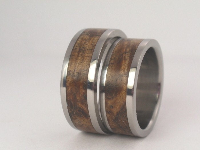 Black Ash Burl Wood Inlaid in Titanium Ring - Wooden Wedding Set