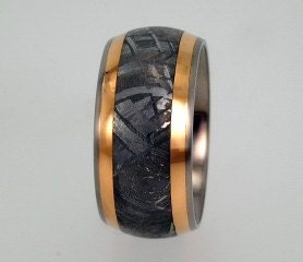 Meteorite Wedding Band for Men and Woman with two 18K Yellow Gold inlay