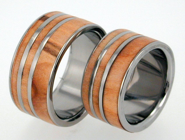 Titanium Ring Set with Interchangeable Rowan Wood Inlaid Pinstripes