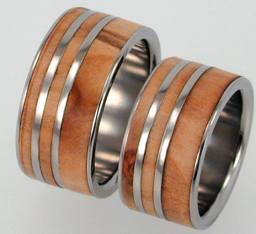 Titanium Ring Set with Interchangeable Rowan Wood Inlaid Pinstripes