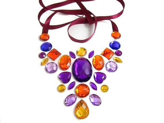 Statement Rhinestone Illusion Necklace, Unique Fashion with Purple, Golden Yellow and Orange Rhinestones