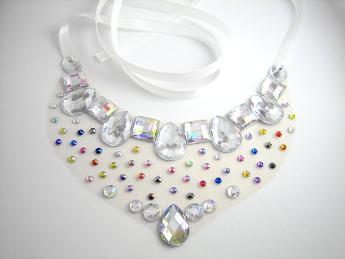 Rainbow Aurora Borealis Rhinestone Illusion Statement Bib Necklace, Colorful Floating Gems, Fashion Jewellery