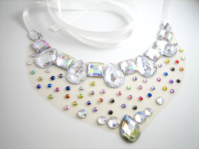 Rainbow Aurora Borealis Rhinestone Illusion Statement Bib Necklace, Colorful Floating Gems, Fashion Jewellery