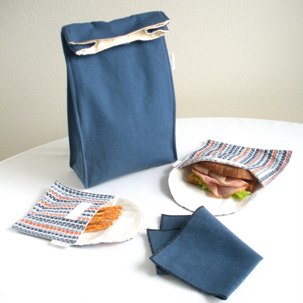 Lunch Bag Set, Organic Cotton, Insulated, Eco Friendly, Washable - Denim Blue/Tire Tracks - 4 Piece