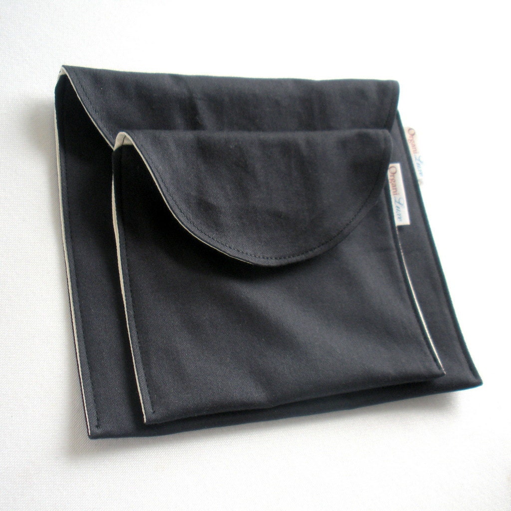 Eco Friendly Sandwich and Snack Bags, Set of 2 - Organic Cotton, Reusable - Black --- Back to School