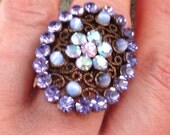 vintage oversized copper filigree cocktail ring with purple aurora borealis rhinestones