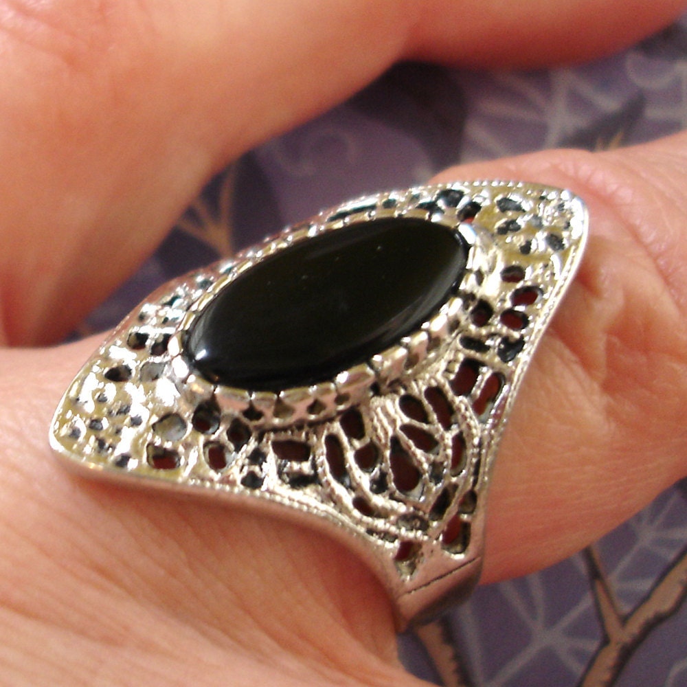 vintage Espo black onyx silver filigree ring