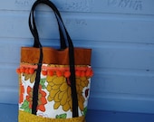Tote bag  - Giant Vintage Orange flowers and bouncy ball fringe