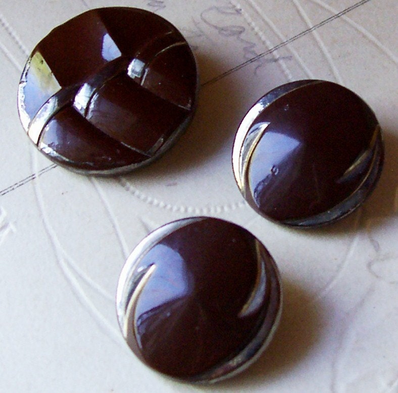 Vintage chocolate brown silver luster glass buttons X 3