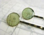 Green Map Hairclips - Vintage Geography Map Resin Jewelry - Antique Brass bobby pin - Hairclip Set