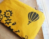 Yellow Hot Air Balloon Pencil Case - Steampunk Illustration Zippered Pouch - Black Screenprint - Cotton Wallet