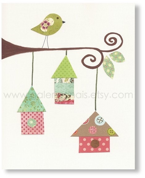 Nursery art prints, baby nursery decor, nursery wall art, kids wall art, personalized, nursery bird, Birdhouses 8x10 print