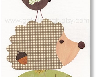 Baby nursery print, childrens art print, kids room decor, Hedgehog, Bird, Hearts, Dans La Foret 8x10 print