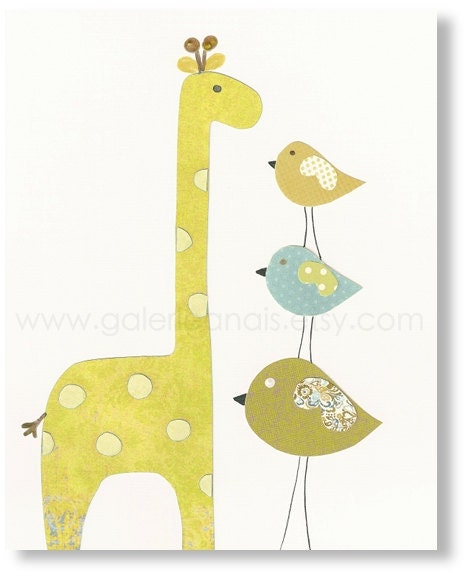 Baby Room Nursery Art, Children Decor, nursery giraffe, kids giraffe, nursery birds, kids birds, Taller than You 8x10 print