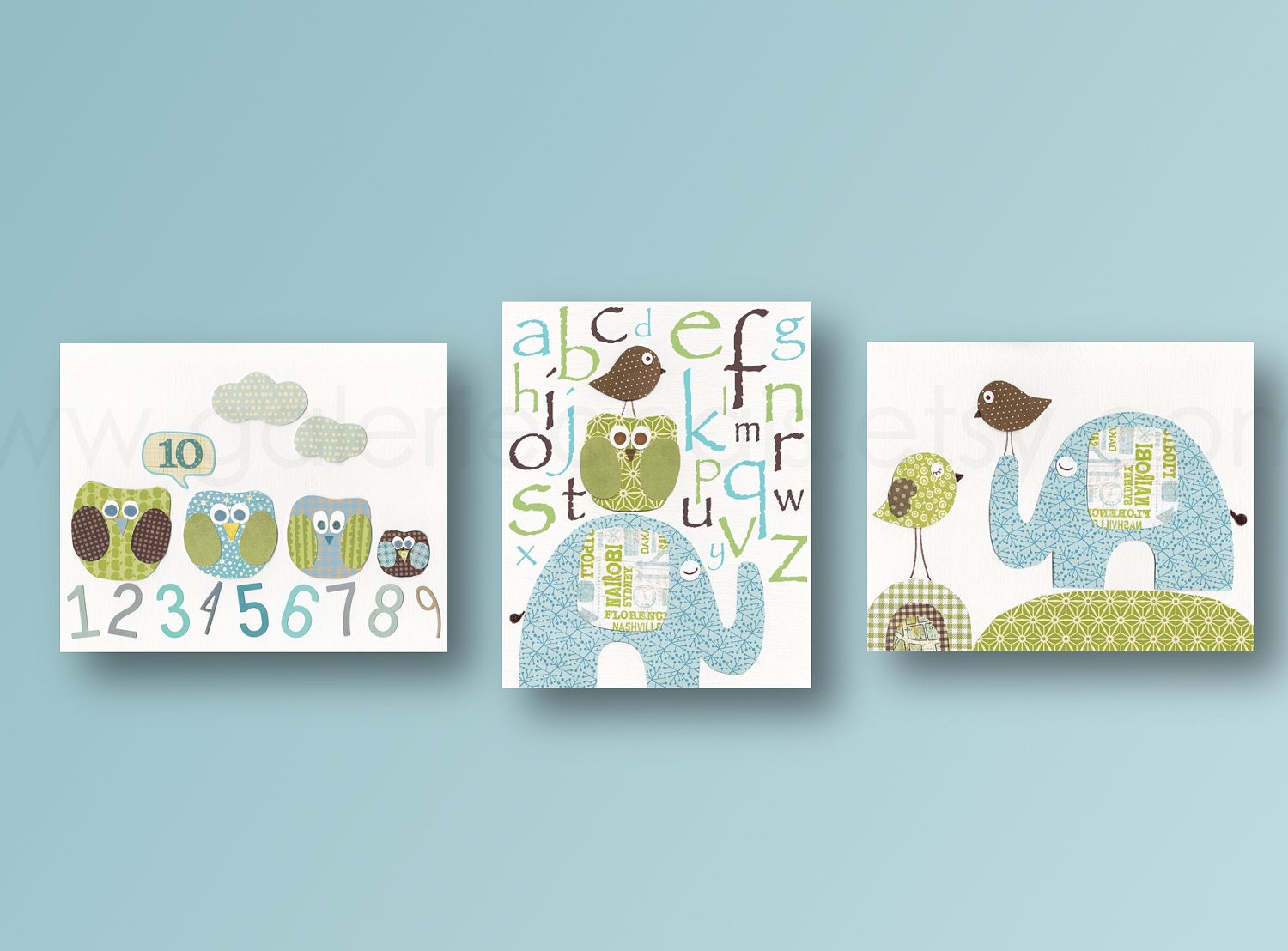 Kids wall art, baby boy nursery, nursery wall art, alphabet, owl, numbers, elephant, bird, set of three 8x10 prints Blue Elephant School