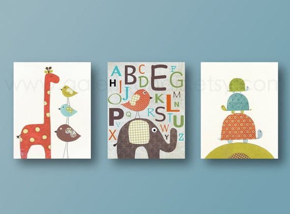 Nursery art print, baby nursery decor, nursery print, baby room decor, Kids art, elephant, giraffe, bird, alphabet, Set of three 8x10 prints
