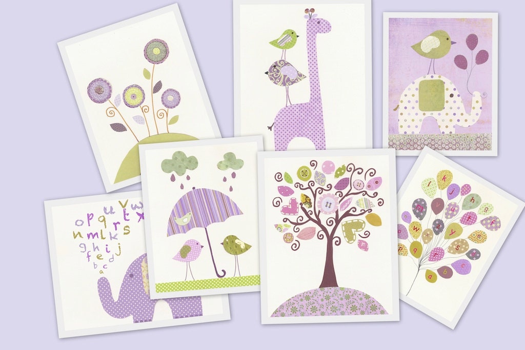 Nursery prints, baby nursery art, kids room decor, art for children, kids room art, personalized, Purple, Giraffe, Birds, Elegance 8x10