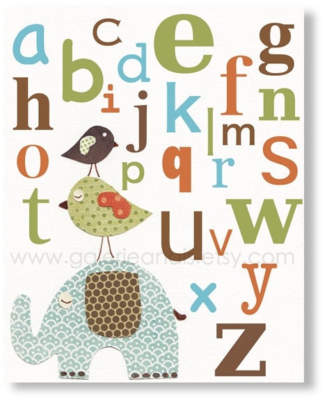 Nursery art print, nursery decor, baby nursery print, kids art, kids room decor, children art, Elephant Birds, Best Friends Alphabet 8x10