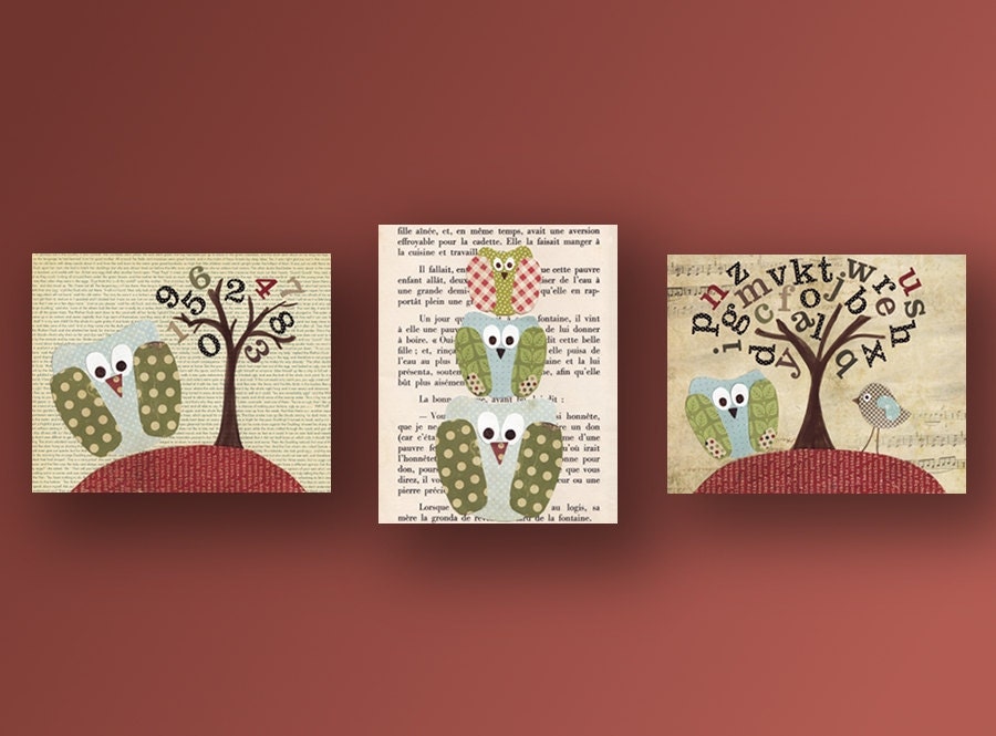 Nursery Decor Art Kids Baby Room Numbers Children Owl Birds, Numbers Tree, fairy tales, Set of three 8x10 prints