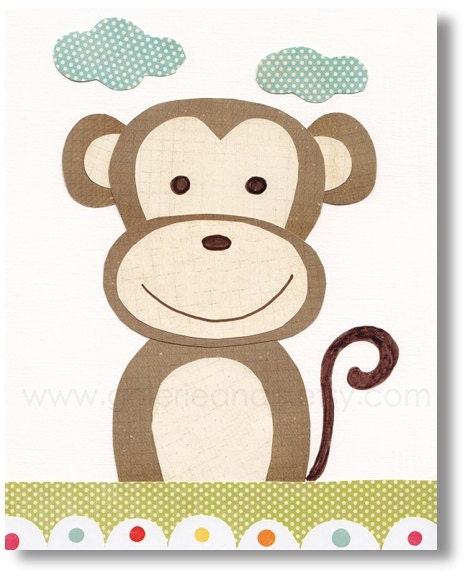 Nursery print, childrens art print, kids room decor, Monkey, yellow, jungle, Paco le Singe 8x10 print from Paris