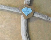 Driftwood Cross sculpture Recycled Upcylced cross beach pottery Turquoise Heart of my heart