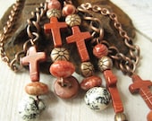 Organic Cross Vintage Button Jasper and Copper Beaded Stone Necklace