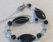 Black White Choker Sardonyx  Swarovski Sterling Crystal Beaded with Heart Toggle