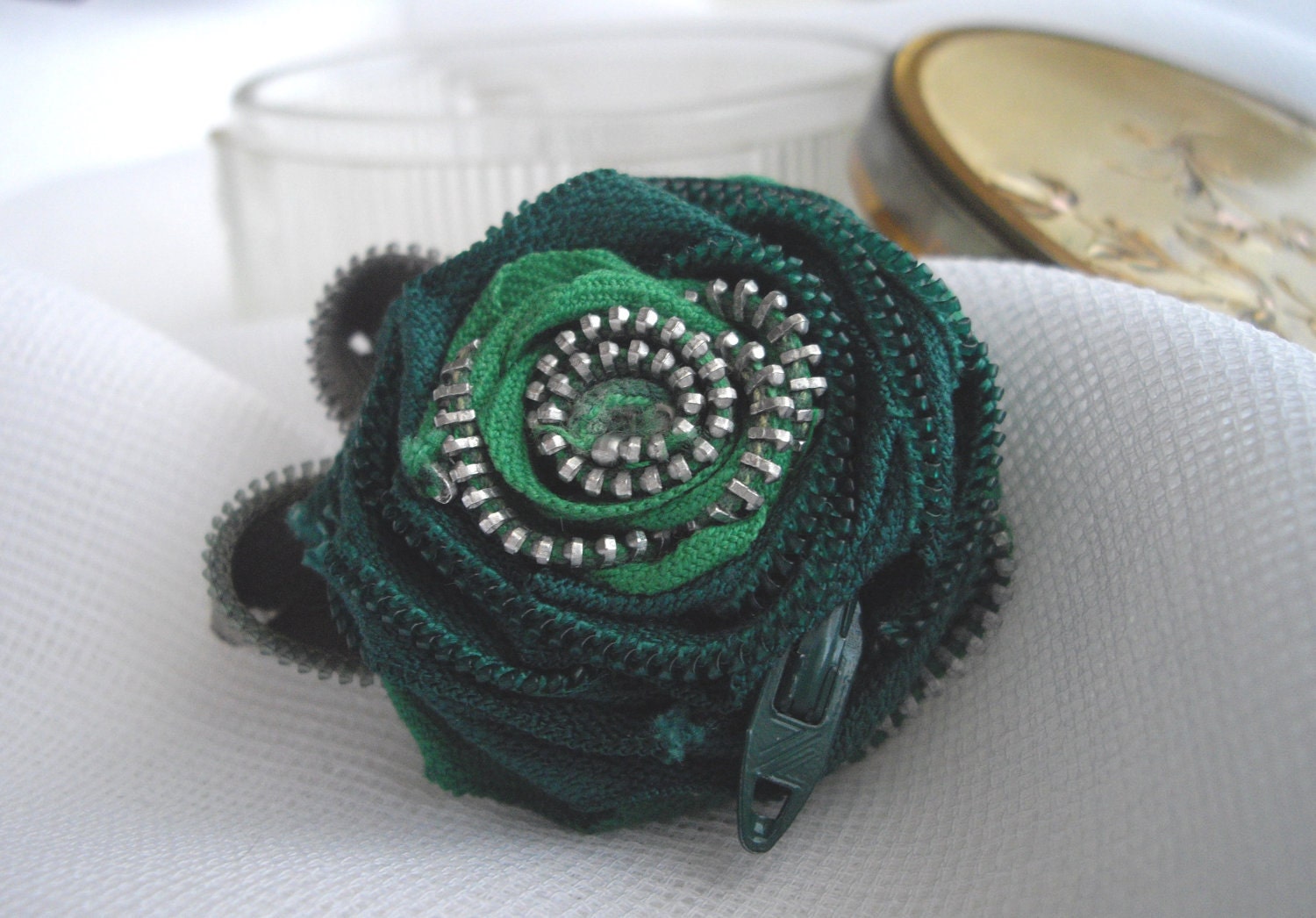 Emerald Green floral zipper brooch pin for wedding sash or anywhere you can imagine vintage Handmade